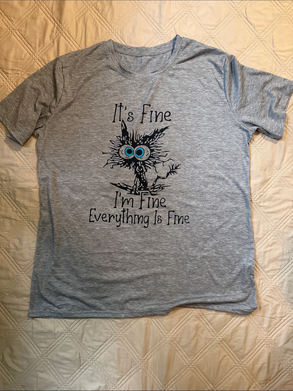 Grey 'It's Fine' Graphic Owl T‑Shirt with Blue Accent